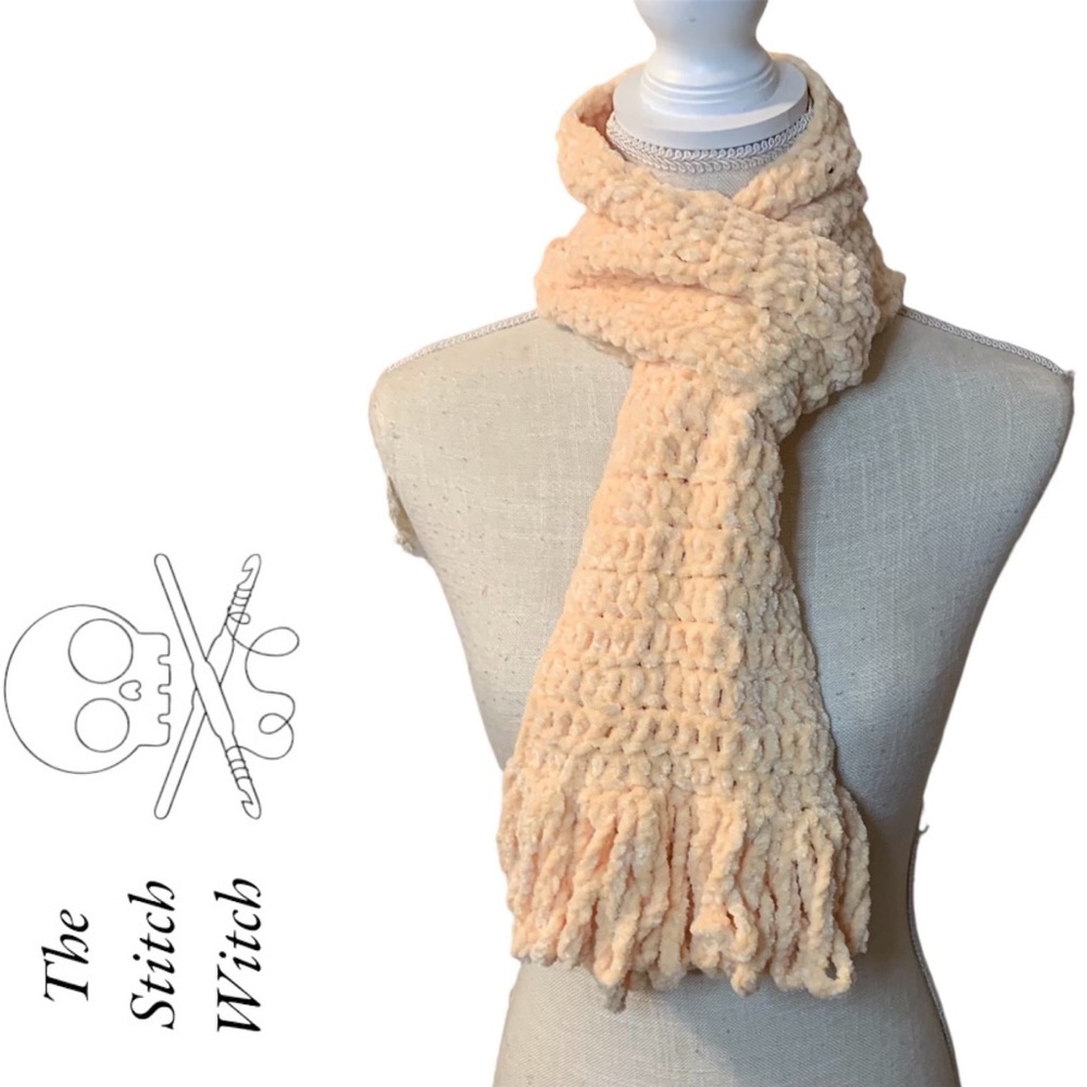 HAND CROCHETED Super Soft Plush Chenille Fringe Scarf in Apricot
